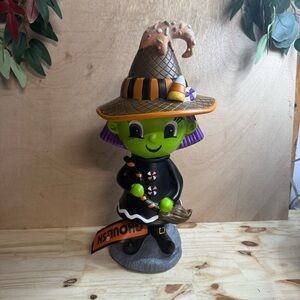 Ghoulish Halloween Candy Coated Cute Green Witch With Candy Corn Accent NWT 14”